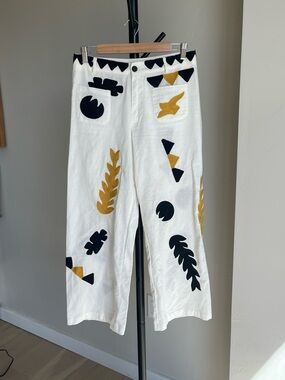 Zara White Wide-Leg Linen Pants with Embroidered Print